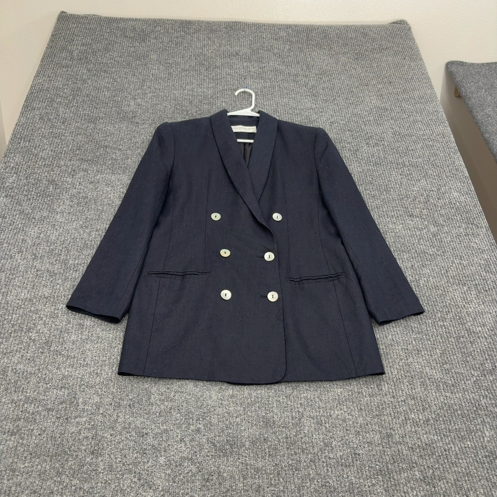 Vintage Valerie Stevens Petites Blazer Womens 6 Navy Blue Linen Double Breasted